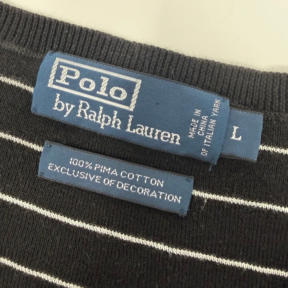 Polo Ralph Lauren Mens Large Pima‎ Cotton V-Neck Striped Sweater Black White